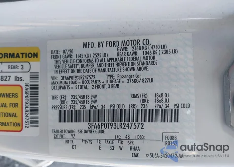 2020 Ford Fusion Se из США, поврежденный, VIN 3FA6P0T93LR247572